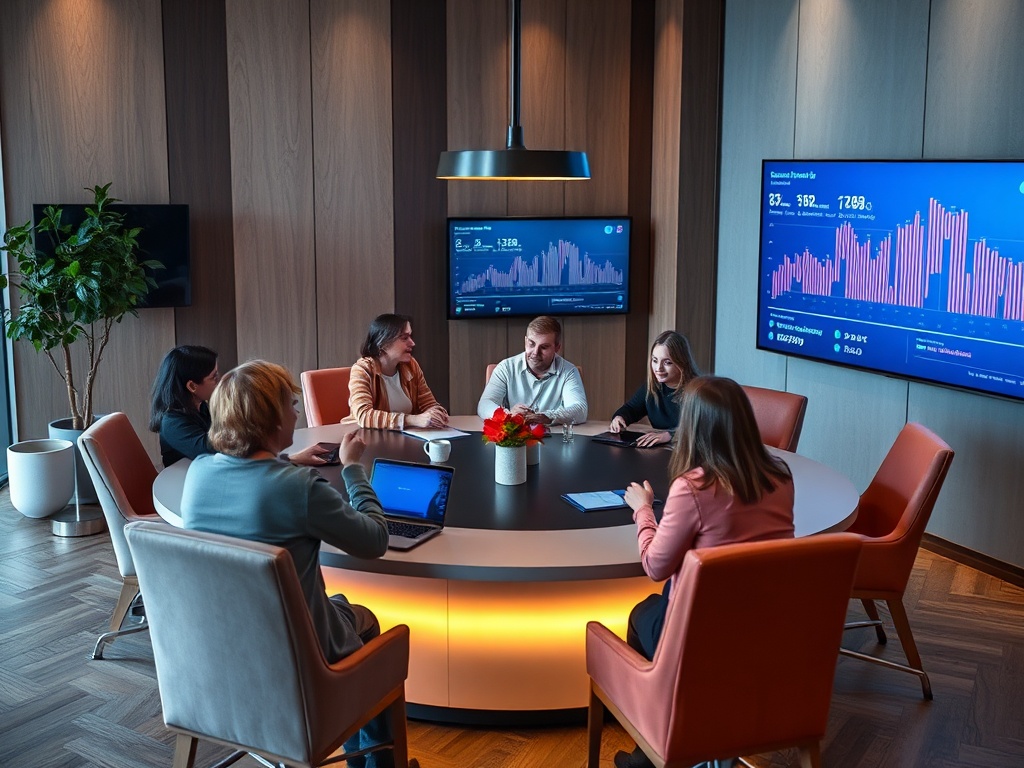 A group of professionals in a modern conference room discussing data displayed on screens.