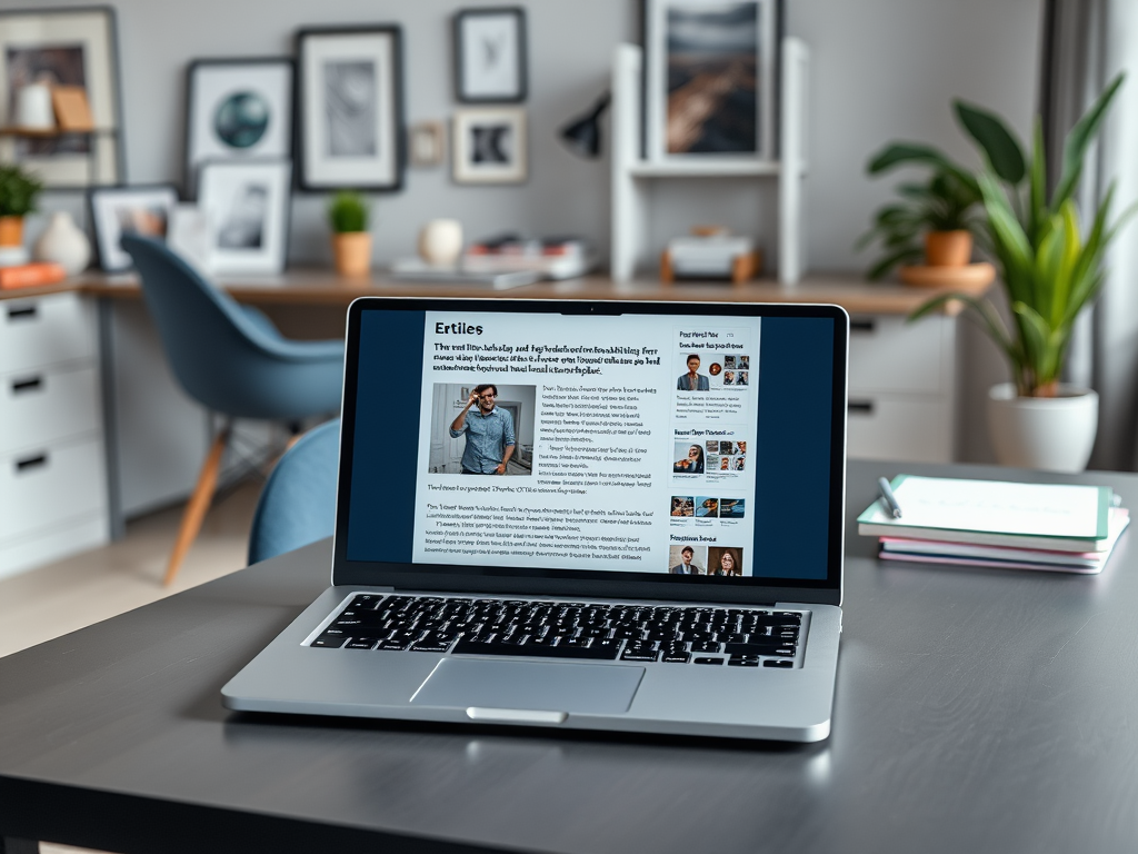 A laptop displaying an article on a desk in a modern office space with plants and decor in the background.