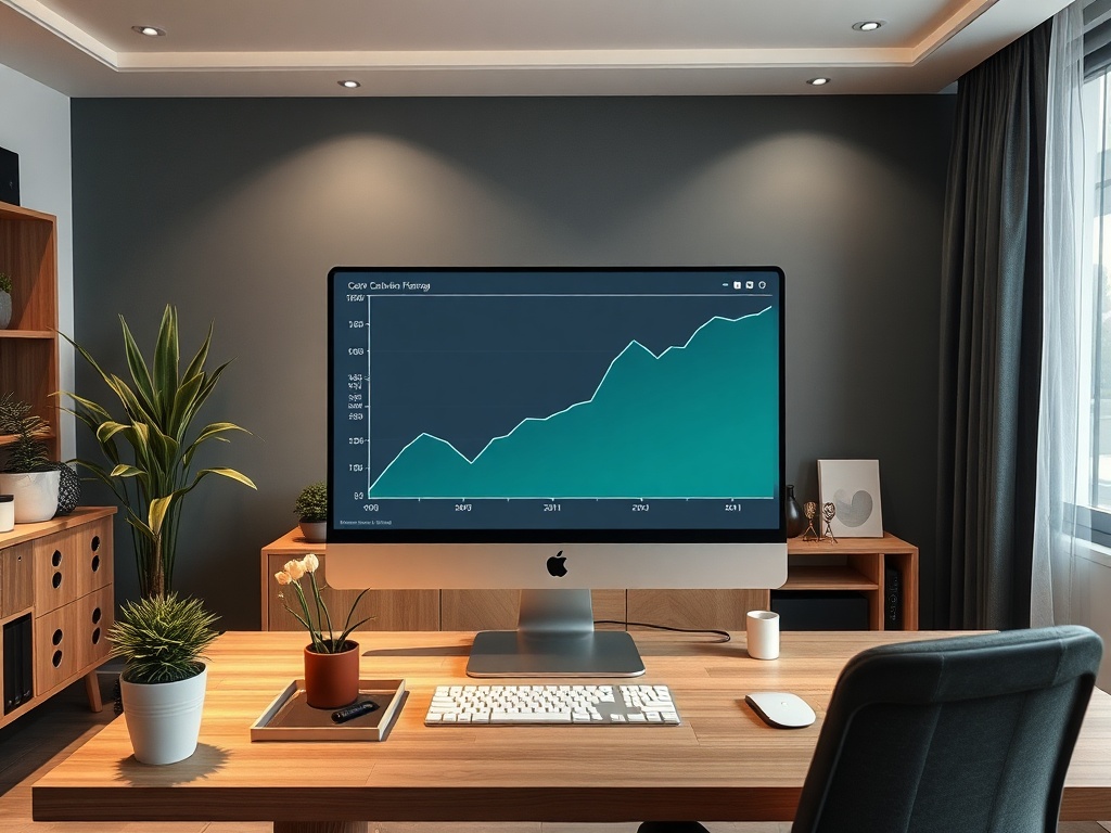 A modern workspace featuring a large monitor displaying an upward trending graph, plants, and a wooden desk.