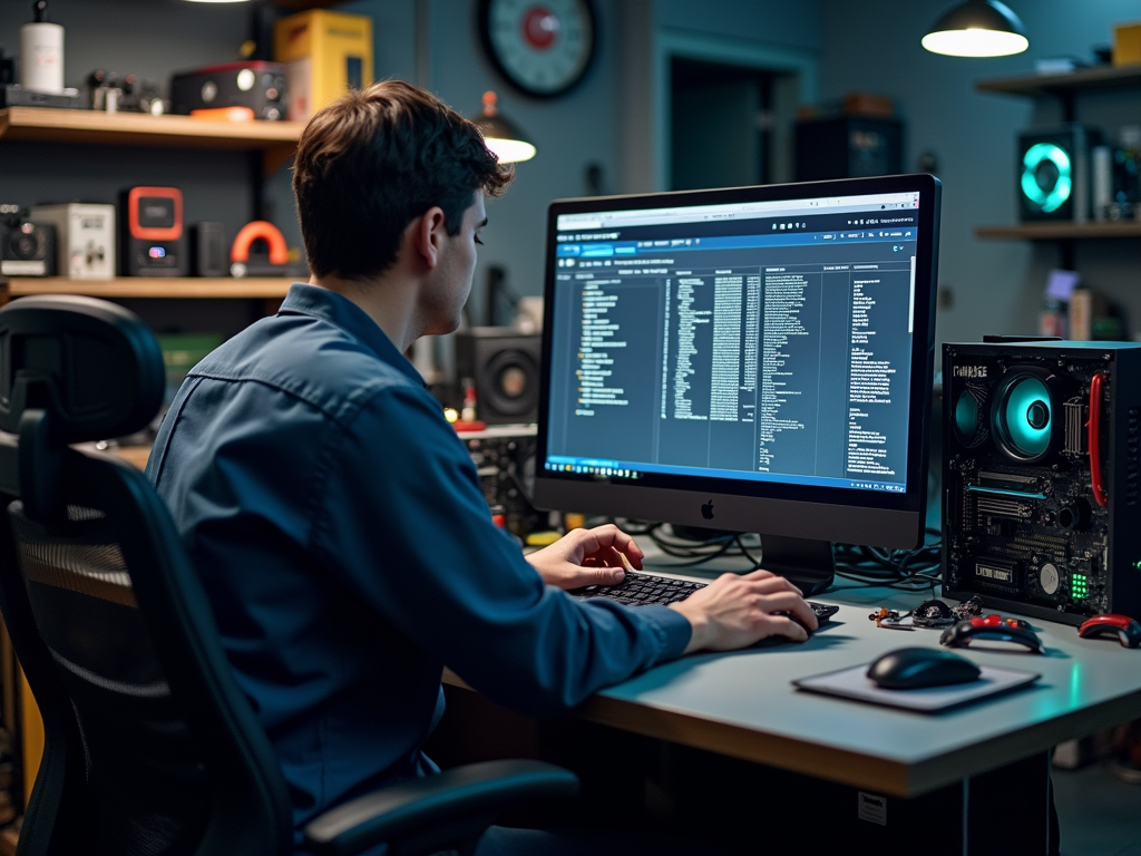 A young man works on a computer in a tech-filled workspace, focused on programming or data analysis.