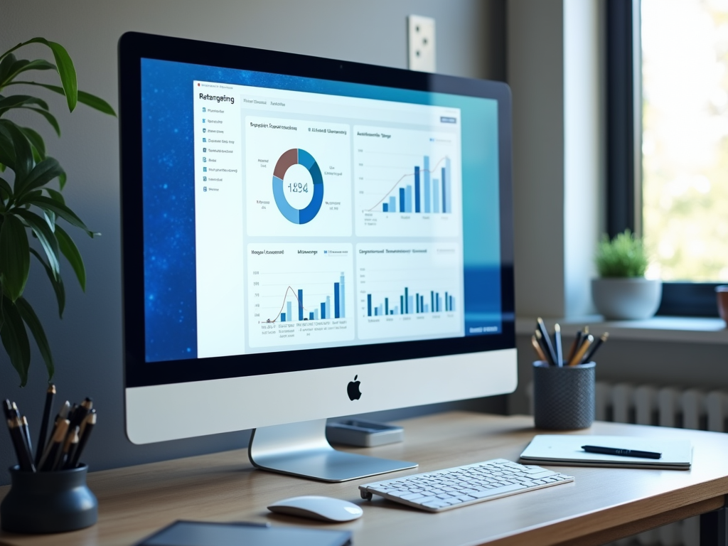 Computer screen displaying graphs and data, on a desk with stationery and plants, in an office.