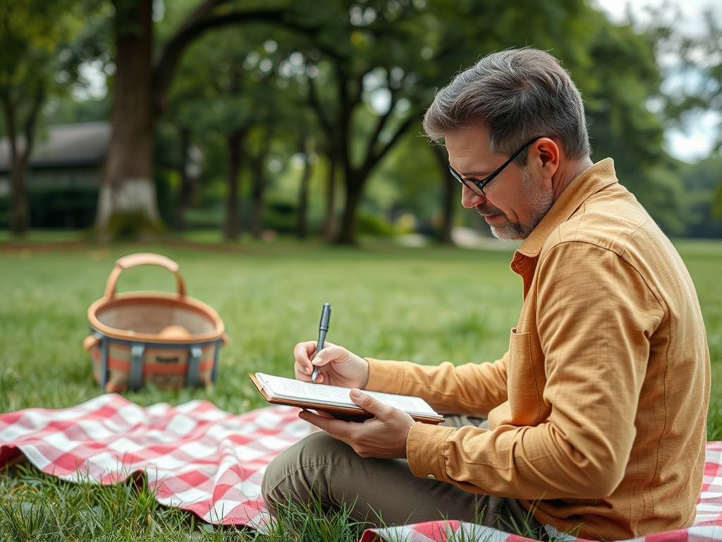 A man sits on a blanket in a park, writing in a notebook, with a picnic basket beside him. It's a sunny day.