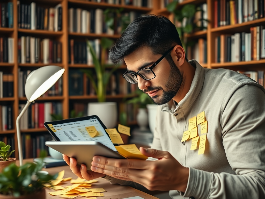 A young man, wearing glasses, studies notes on a tablet, surrounded by books and sticky notes in a cozy library.