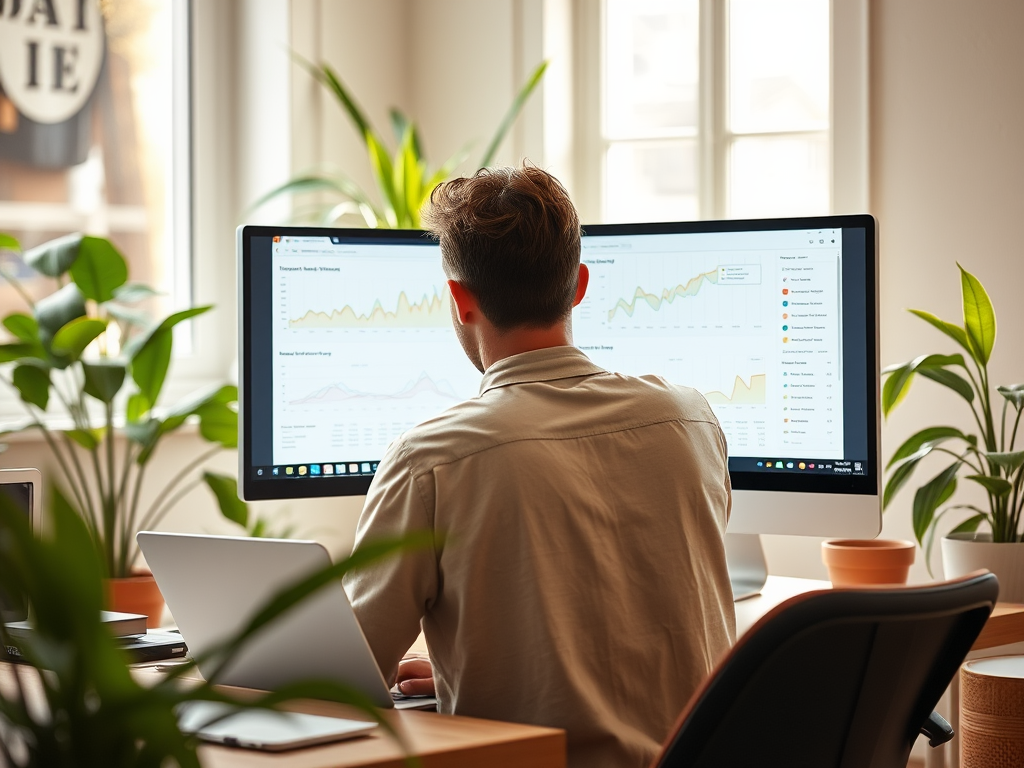 A person looks at data analytics on two large monitors in a bright office surrounded by plants.