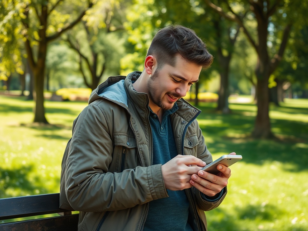 A young man in a park smiles while using his smartphone, surrounded by trees and greenery on a sunny day.