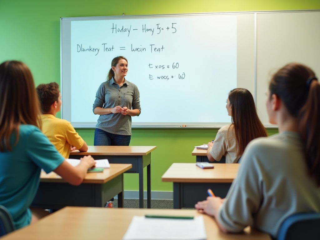 A teacher explains concepts at the front of a classroom, while students listen attentively.