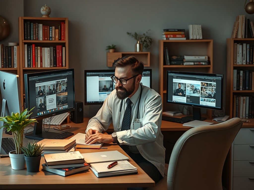 A man in a white coat sits at a desk with multiple screens, focused on his work in a cozy home office.