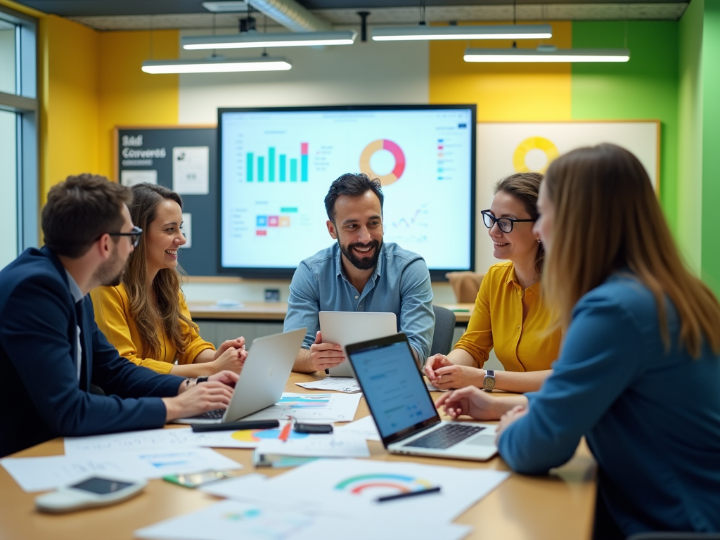 Five professionals smiling and discussing around a meeting table with laptops and data charts.