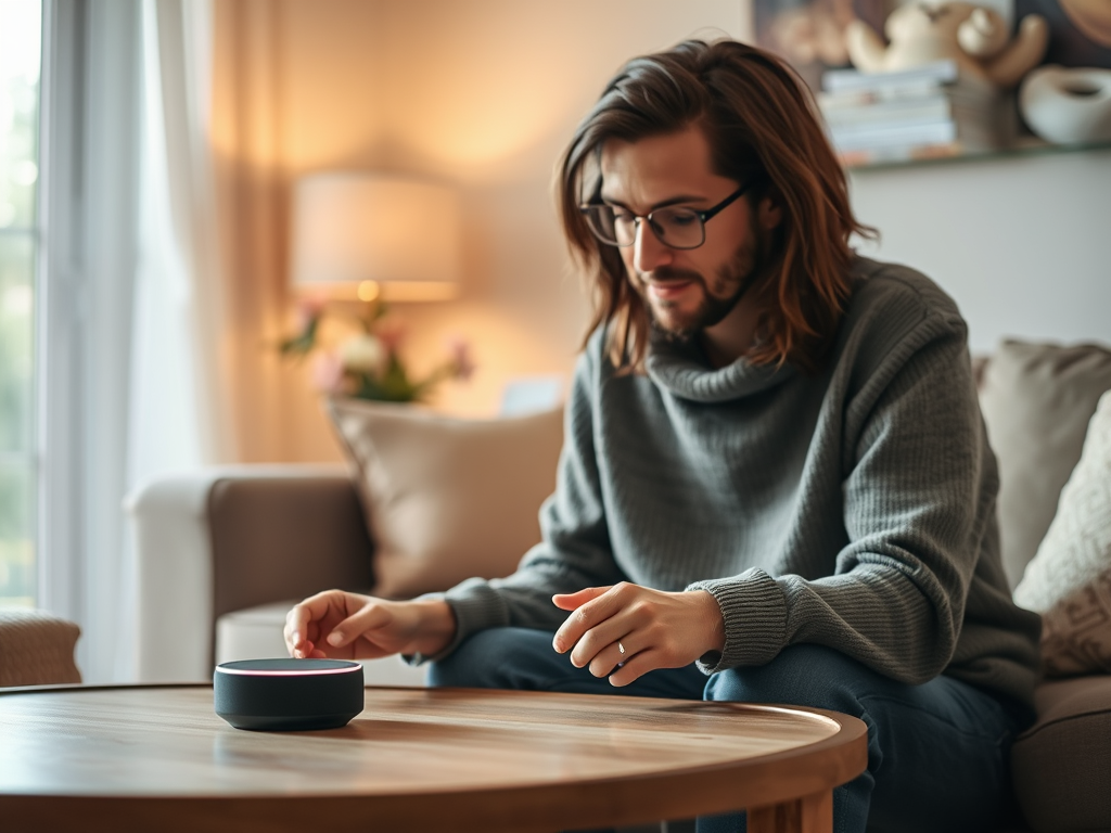 A man with long hair in a gray sweater interacts with a smart speaker on a wooden coffee table in a cozy living room.