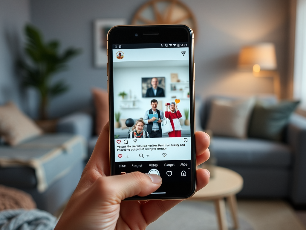 A hand holding a phone shows a cheerful group posing for a photo, with a cozy living room background.