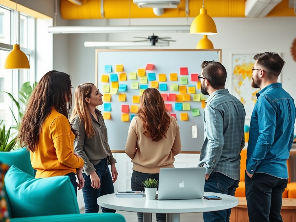 A group of six people discussing ideas at a whiteboard filled with colorful sticky notes in a modern office.