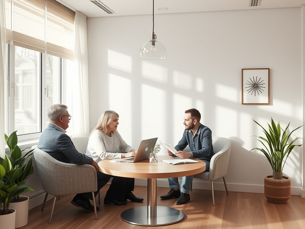 Three people having a discussion around a round table in a bright, modern office space with plants and natural light.