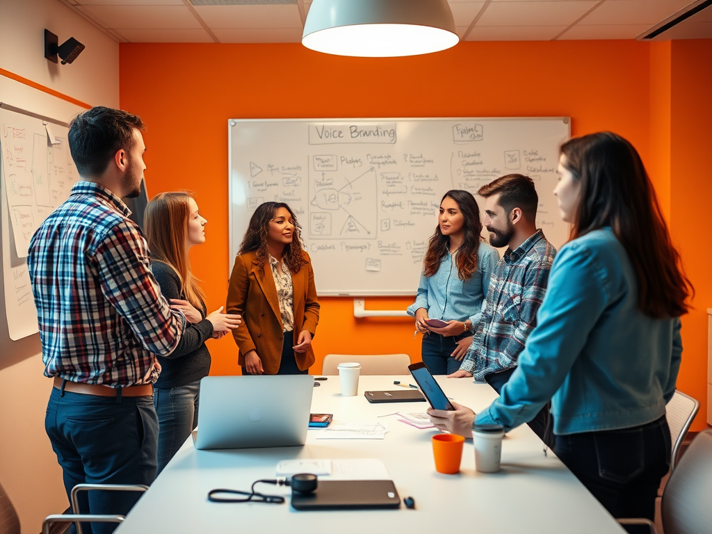 A diverse group of professionals engages in a meeting, discussing ideas around a whiteboard in a bright office space.