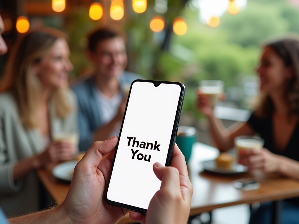 Phone screen displaying "Thank You" held by a person with blurred friends laughing in background at a cafe.