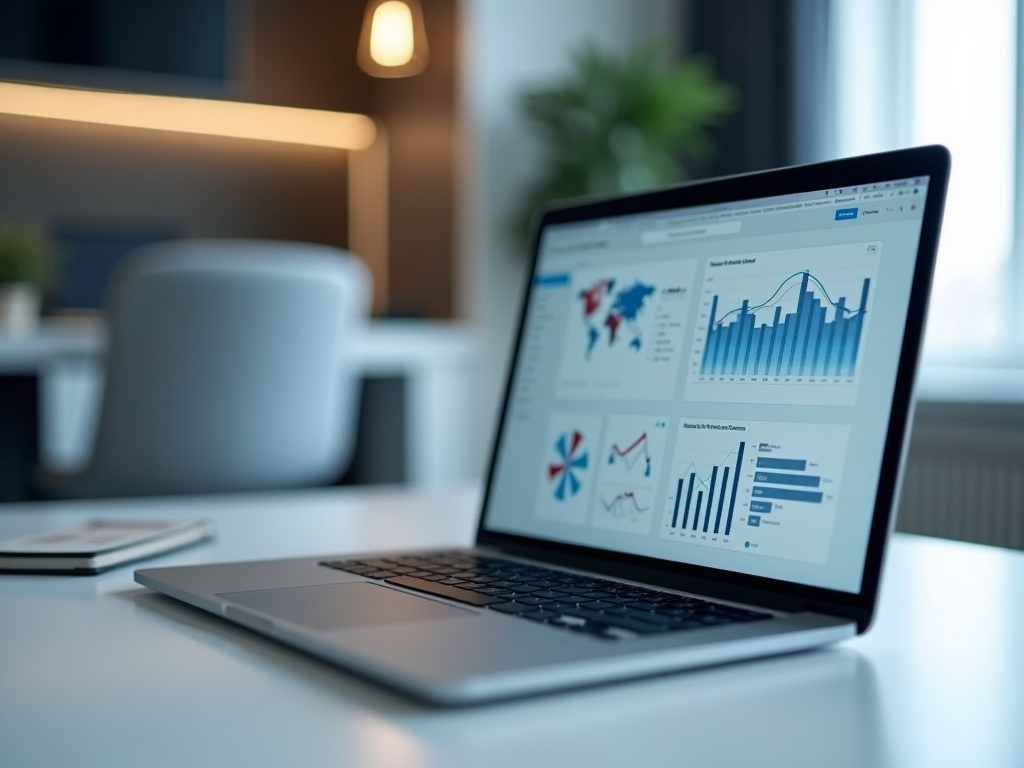 Laptop displaying graphs and charts on screen in a modern office setting.