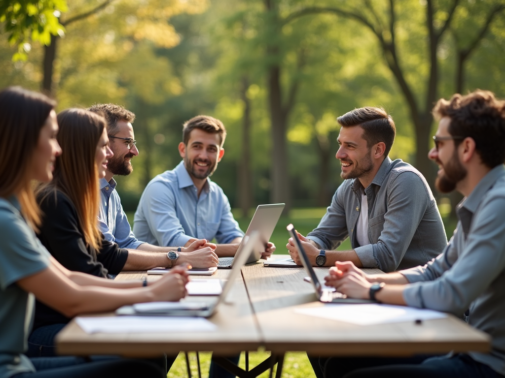 Group of young professionals having a cheerful discussion at a park table with laptops and documents.