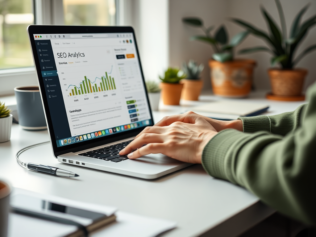 A person works on a laptop displaying an SEO analytics dashboard, surrounded by small potted plants on a desk.