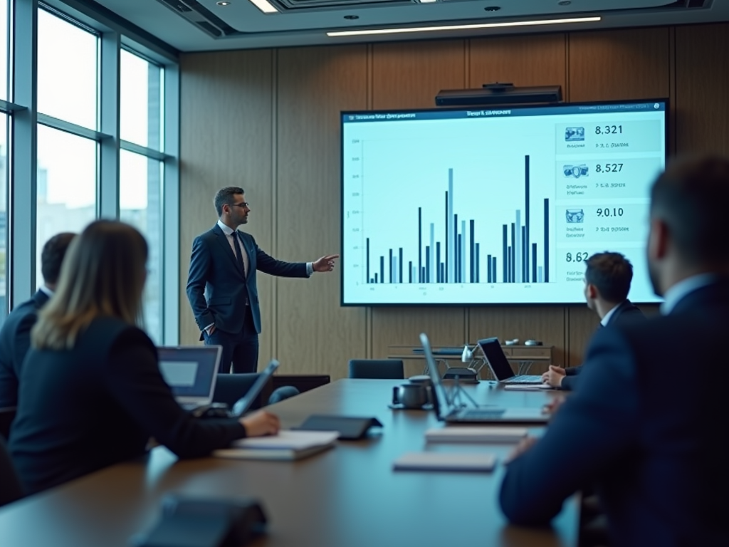 A business meeting in a conference room, with a presentation on a screen and an individual speaking to attendees.