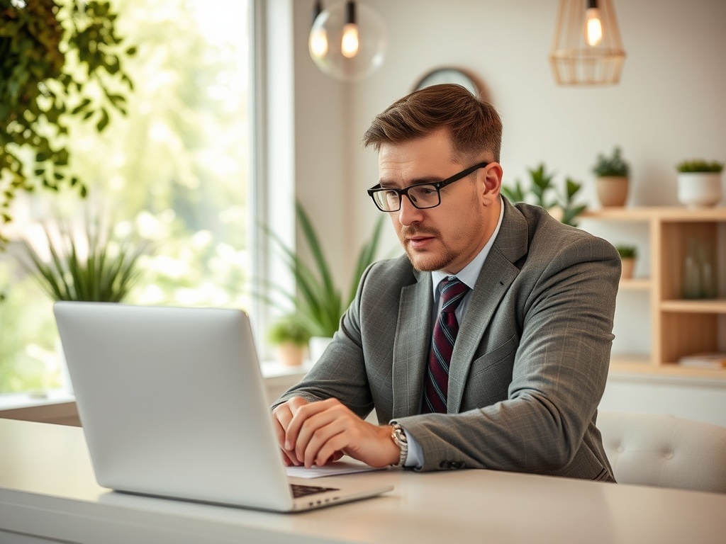 A focused man in a suit works on a laptop in a well-lit office filled with plants.