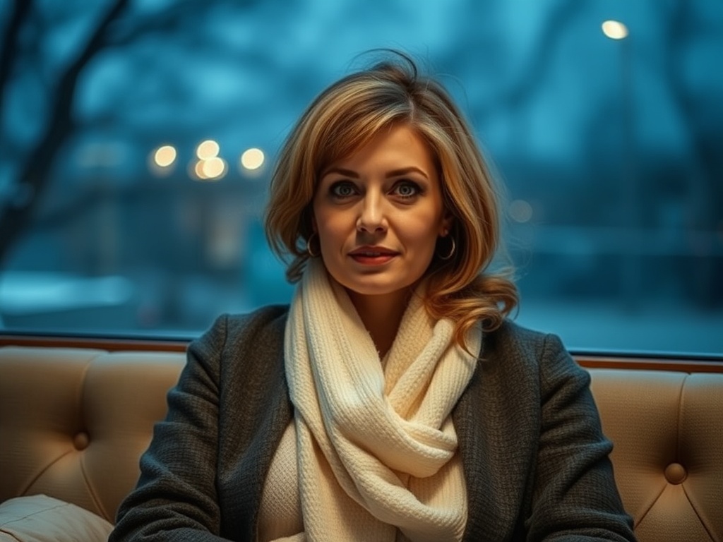A woman with blonde hair and a white scarf sits indoors, gazing thoughtfully out a window in soft, dim light.