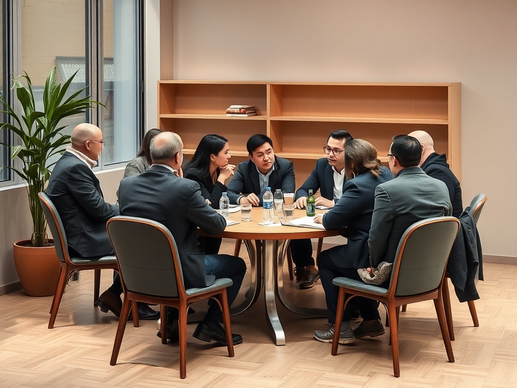 A diverse group of eight professionals engaged in discussion around a table in a modern meeting room.