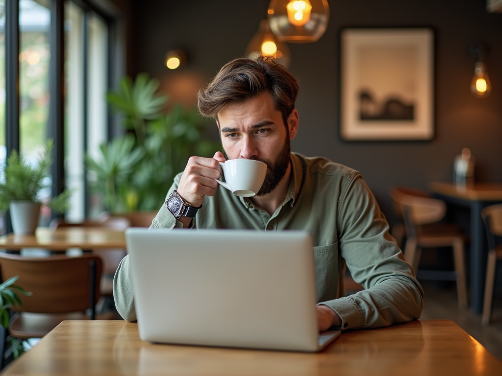 A young man sips coffee while working on a laptop in a cozy cafe with plants in the background.