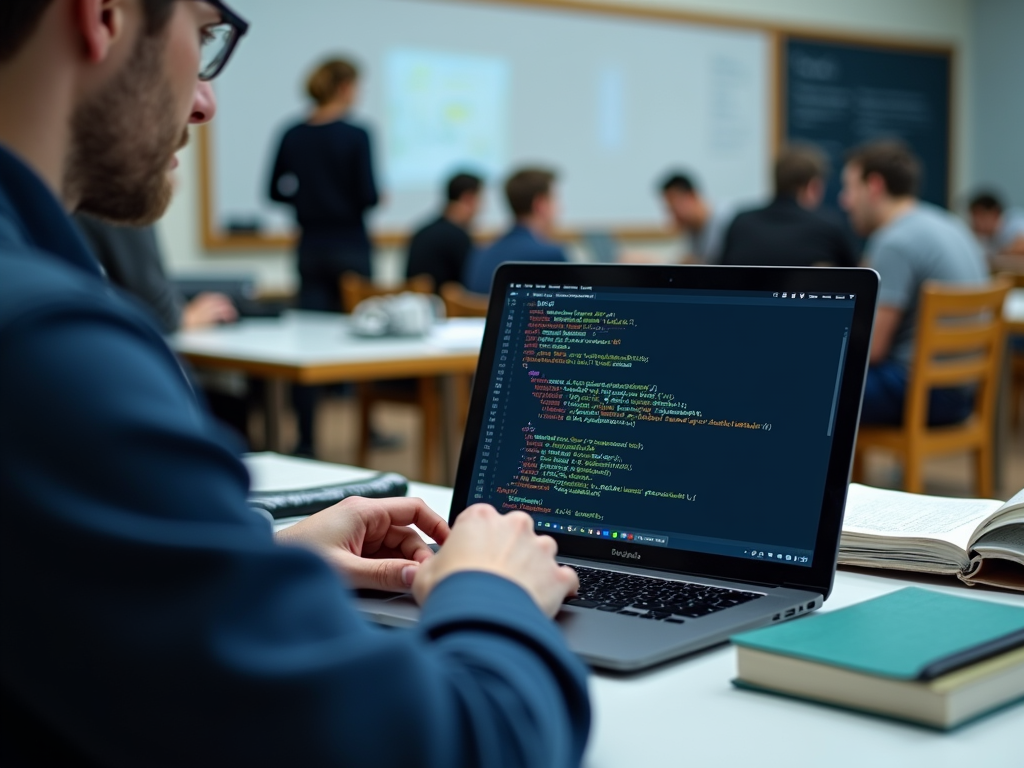 A student working on a laptop in a classroom, focused on coding, with others seated in the background.