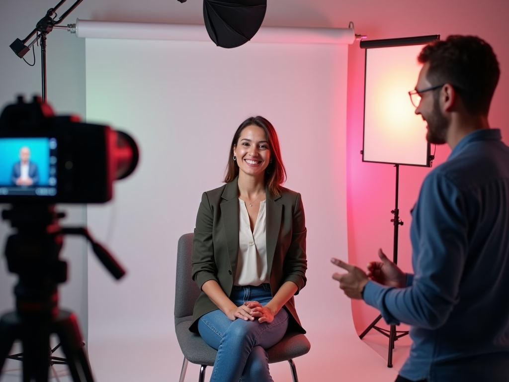 A woman smiles during a video shoot while a man directs her, with camera and lighting gear in the background.