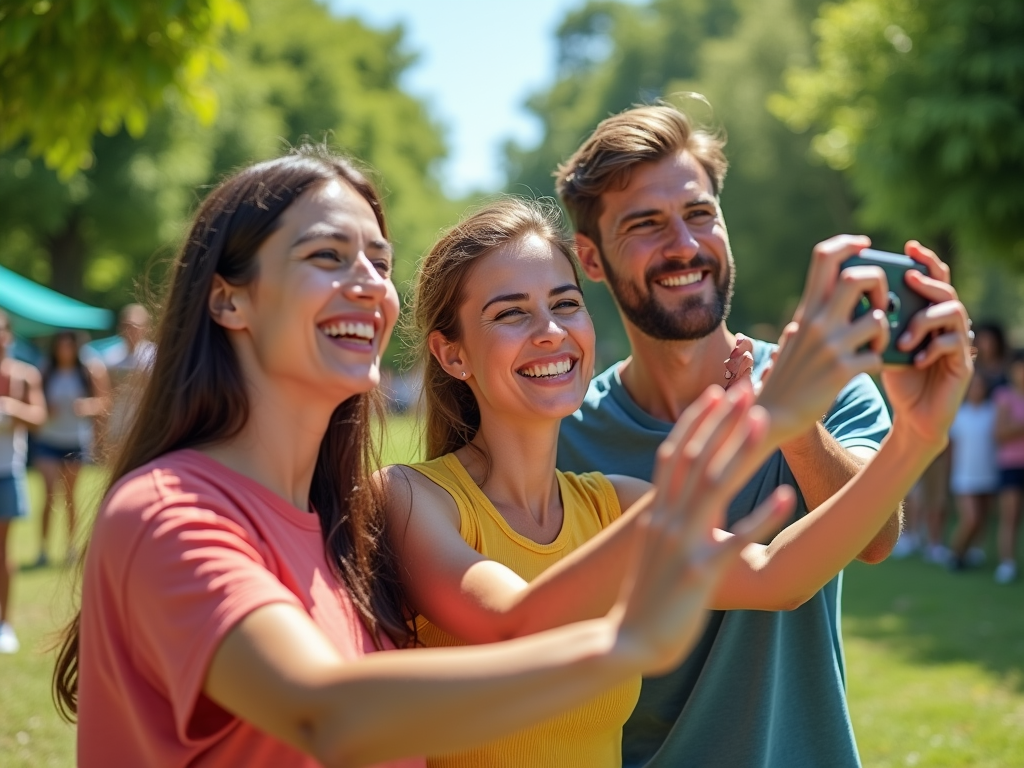 Three friends at a park, smiling and taking a selfie on a sunny day.