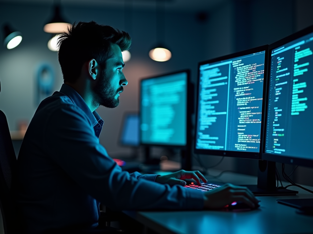 Man coding on multiple computer screens in a dimly lit office.