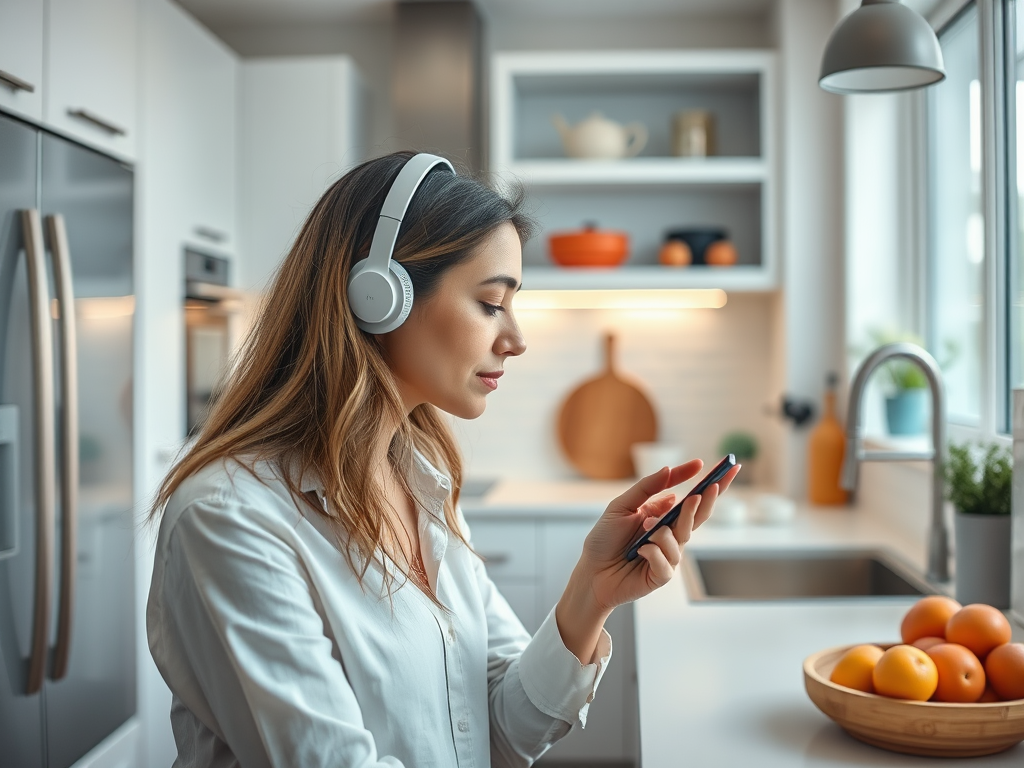 A woman in a white shirt listens to music on headphones while using a smartphone in a bright kitchen.