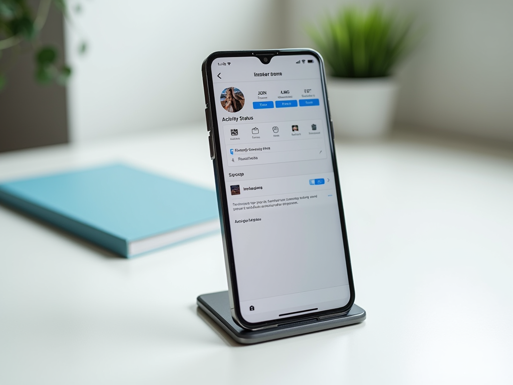 A smartphone displaying social media activity status on a stand, with a notebook in the background.