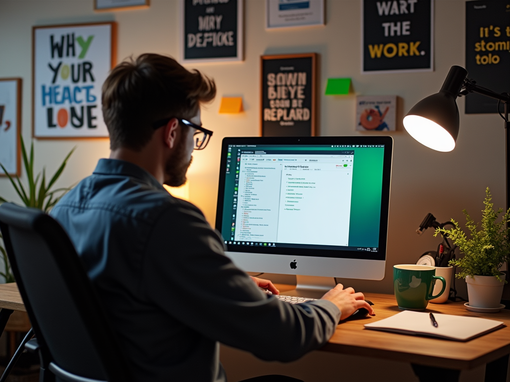 A person working at a desk with a computer, surrounded by motivational posters and a potted plant.