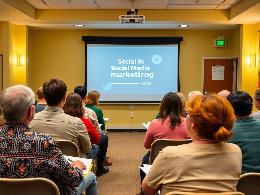 A group of people seated in a room facing a projector screen displaying "Social for Social Media Marketing."