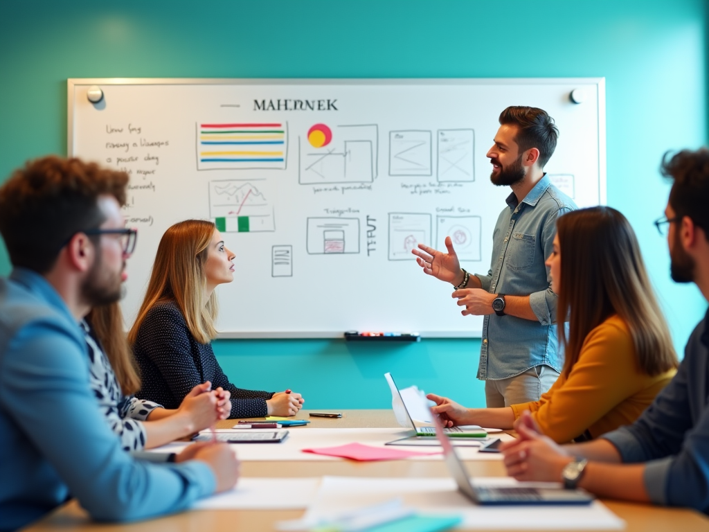 Man presenting to colleagues with a whiteboard in a modern office setting.