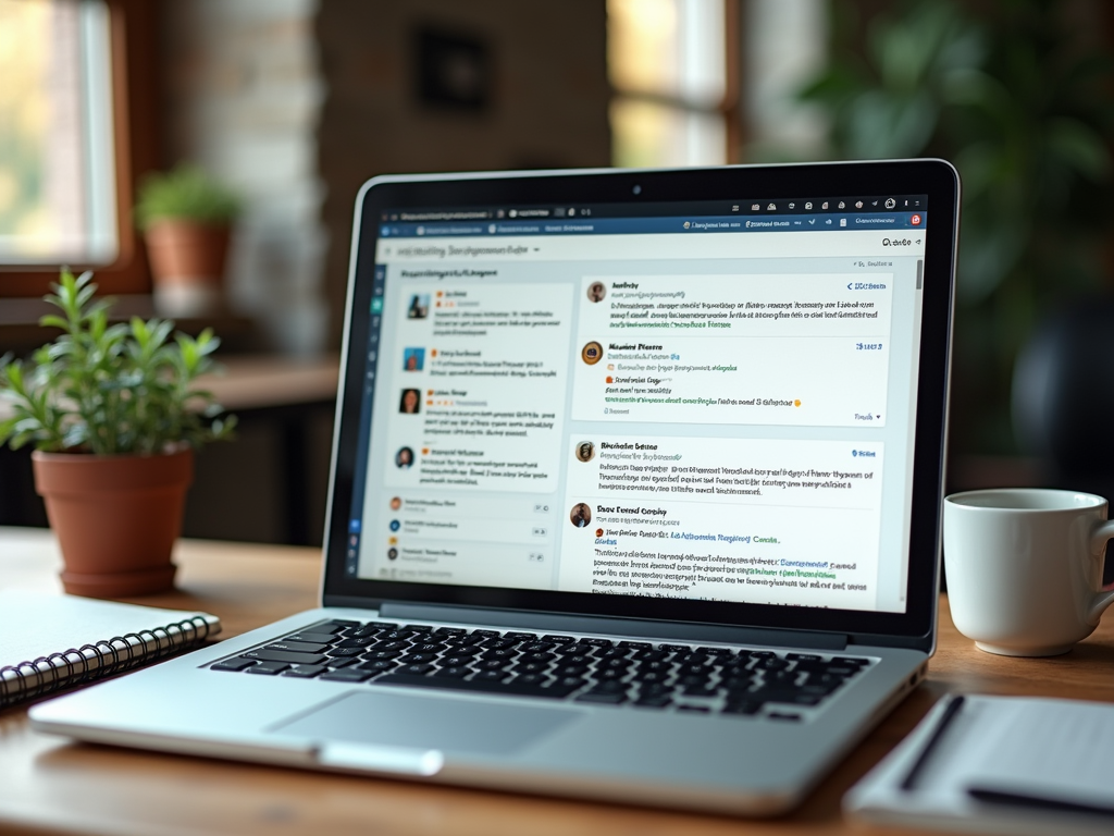 Laptop on desk displaying a social media feed, with a notepad, plant, and coffee mug alongside.