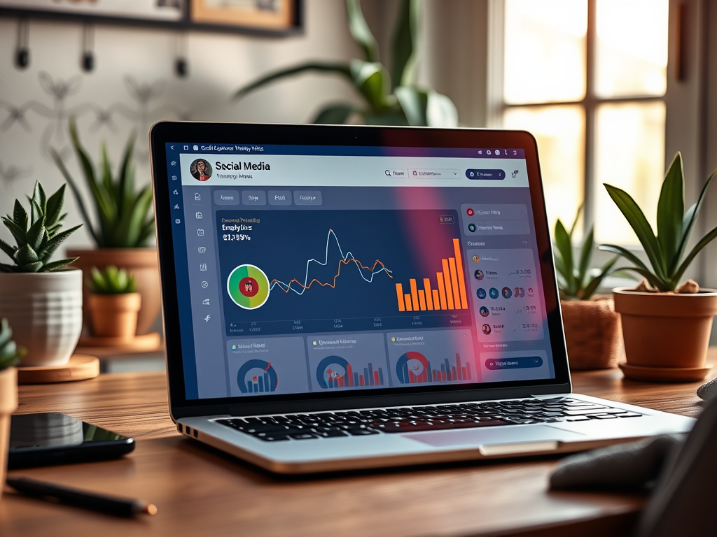 A laptop on a wooden desk displays a social media analytics dashboard with colorful graphs and statistics.