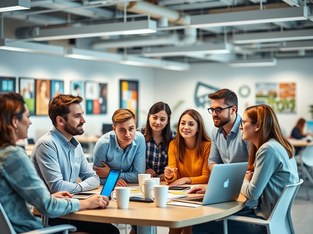A diverse group of seven people collaborates around a table with laptops and coffee cups in a modern office setting.