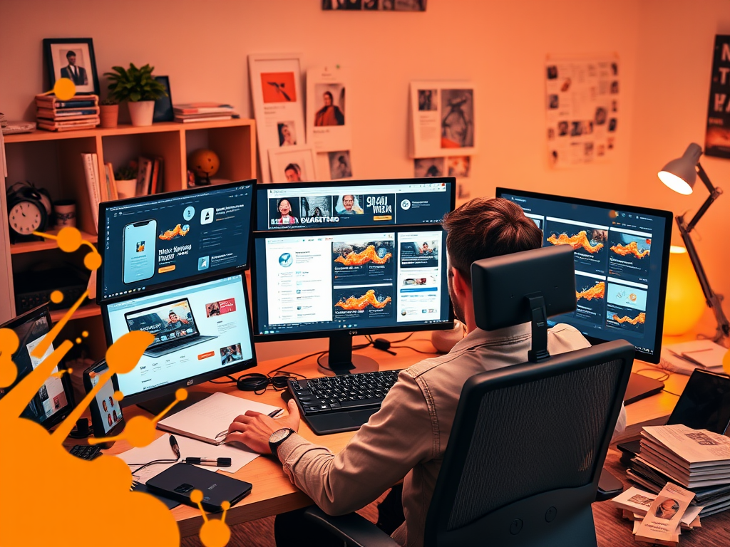 A person working at a desk with multiple monitors displaying analytics, in a modern, well-lit workspace.