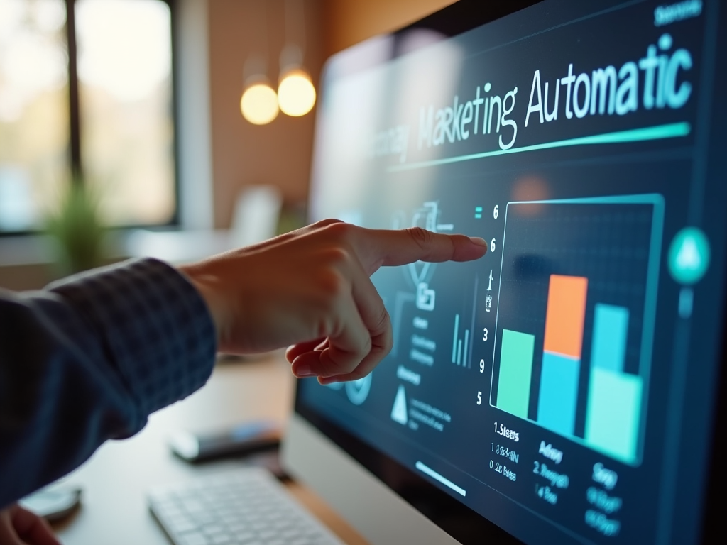 Person pointing at a screen displaying "Marketing Automatic" with graphs and data.