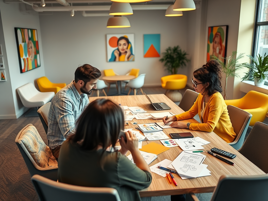 Three people collaborate at a table scattered with papers and laptops in a bright, modern meeting room.