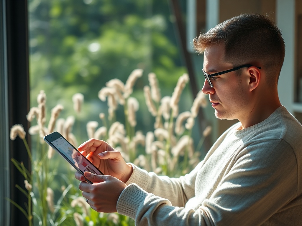 A person in a light sweater uses a smartphone by a window, with tall plants visible in the background.