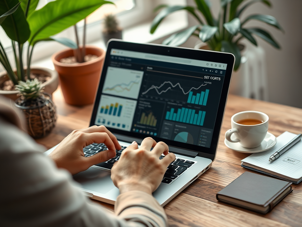 A person typing on a laptop with data visualizations, a cup of coffee, and plants in a cozy workspace.