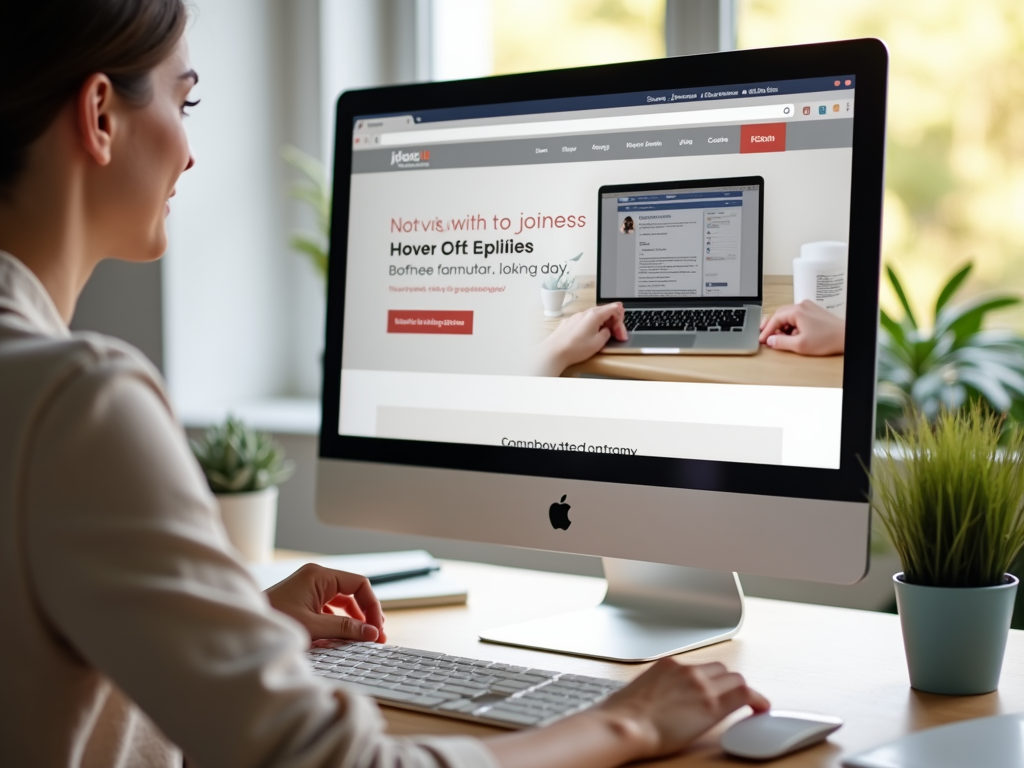 Woman working on an iMac, displaying a website, in a bright office environment.