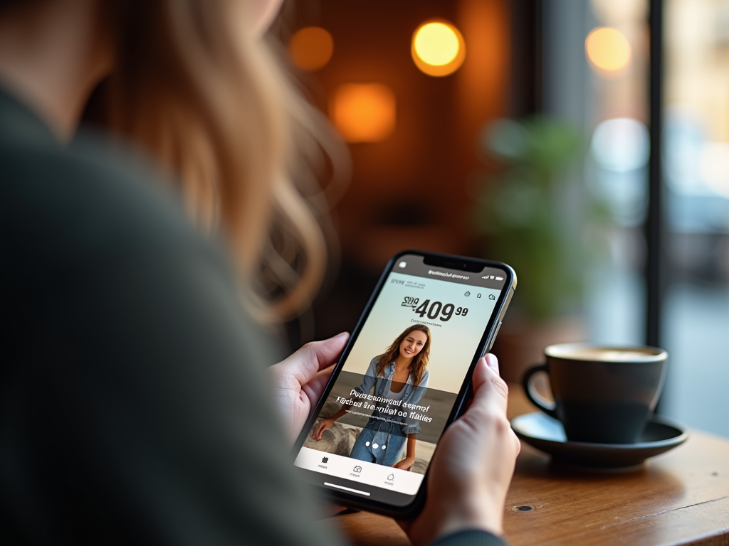 Woman holding smartphone with online store app open, displaying a jacket for sale next to a coffee cup.