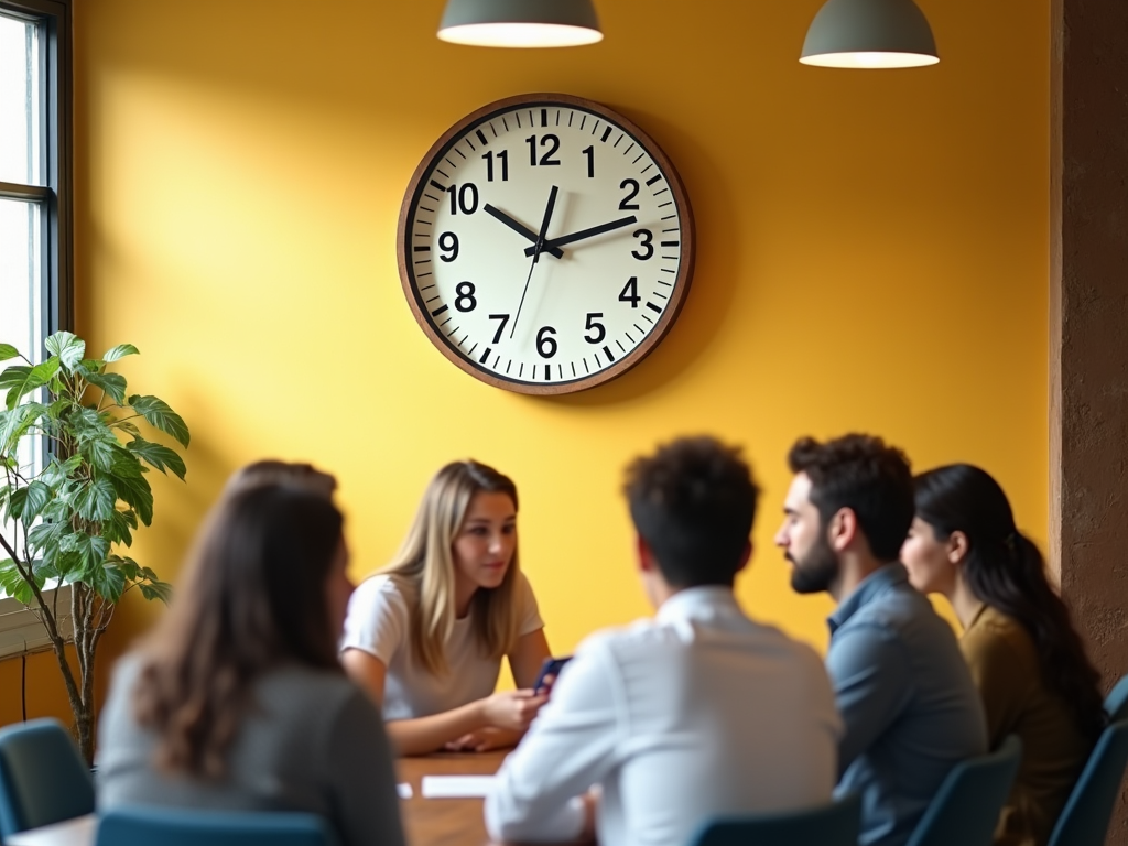 Group of professionals in a meeting with a large wall clock in the background.