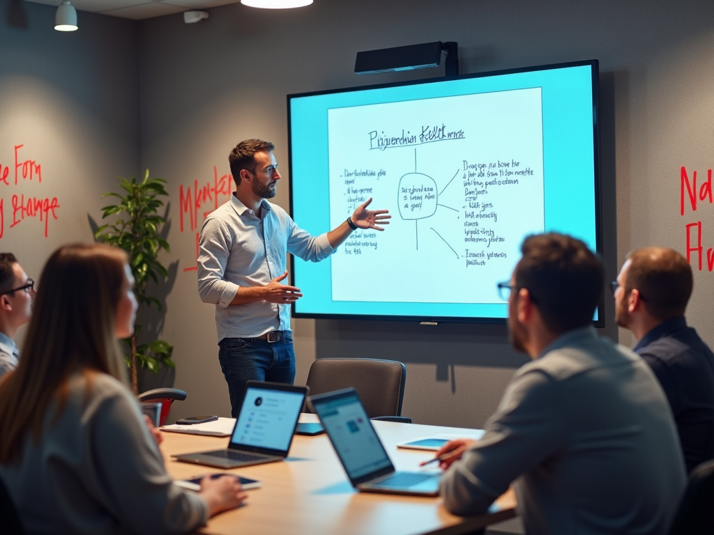 Man presenting a project on a screen to colleagues in a modern office meeting room.