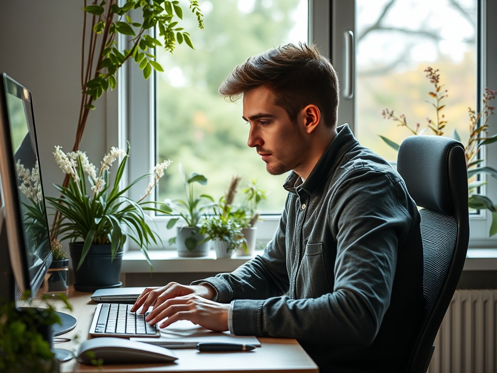 A young man typing on a keyboard at his desk, surrounded by plants and a window with natural light.