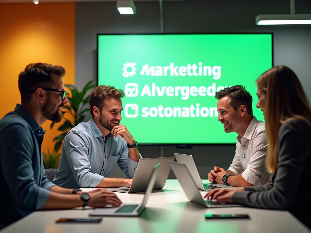 Four professionals smiling and discussing around a table with a bright green presentation screen in the background.