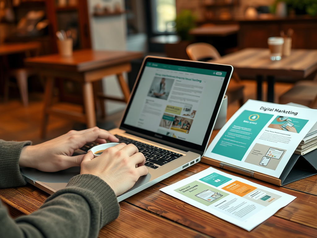 A person using a laptop in a café, with digital marketing brochures on the table.